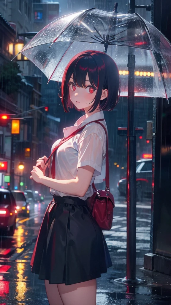 girl with short bob hair,Red eyes ,Standing in the rainy city