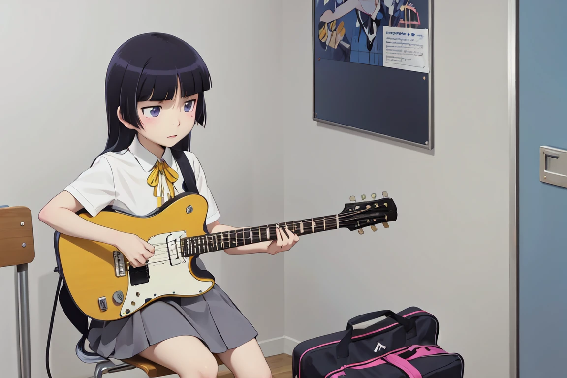 Guitarist playing electric guitar in the school music room。Sitting on a chair and playing。,
(gokou ruri), Mole, Mole under eye, girl, (alone), , Black socks, Short sleeve, Grey Skirt, Hime cut, push into, Collared shirt, Yellow ribbon, blue eyes, Plain clothing