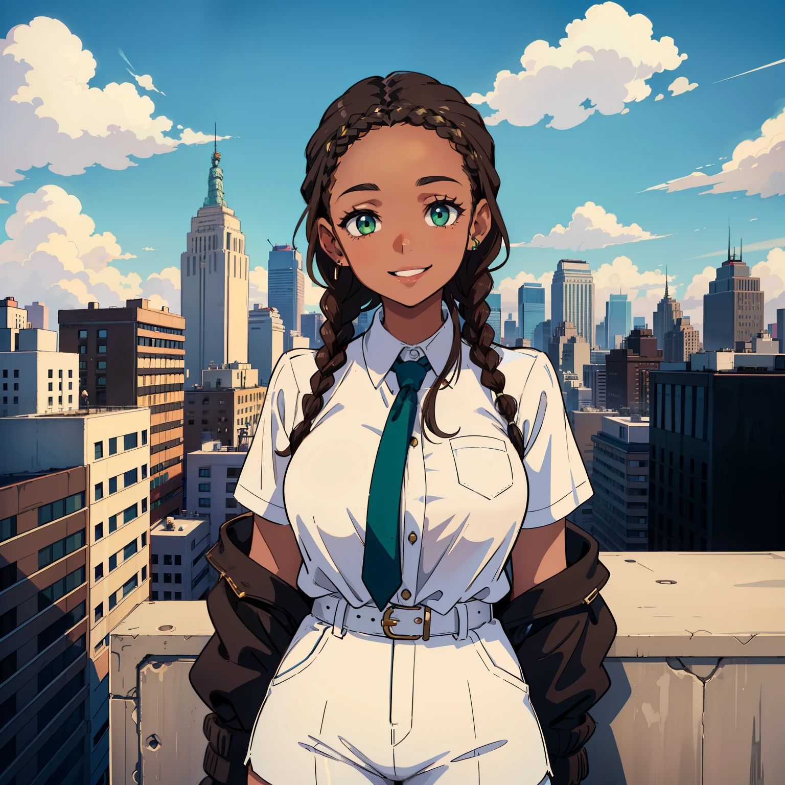 Girl with black skin, braided brown hair, green eyes, smiling, white shorts, black strap blouse, on a rooftop, nyc skyline in the background, blue skies big clouds. Box braids