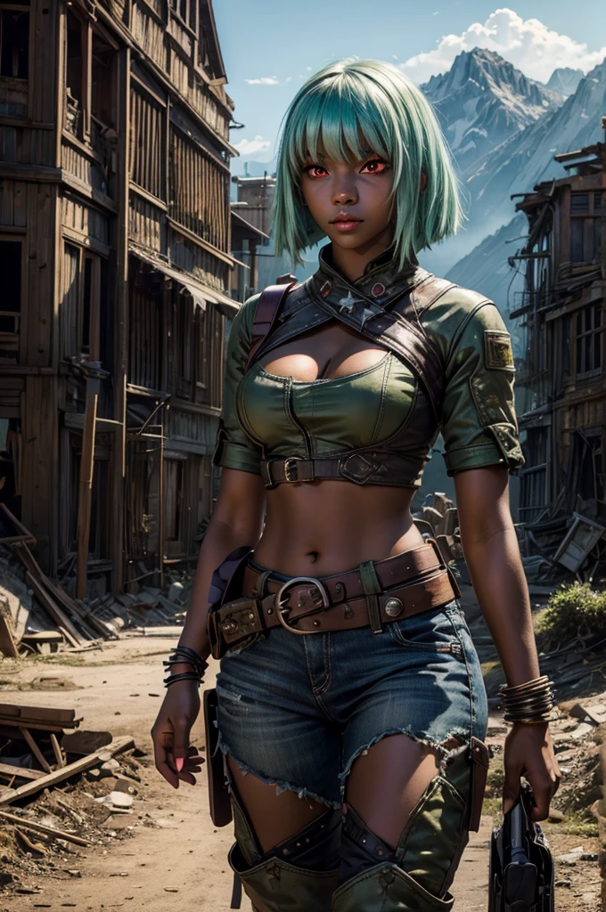 emeraldsustrai, emerald sustrai, short hair, (red eyes:1.5), green hair, dark skin, dark-skinned female, BREAK navel, cleavage, midriff, belt, cleavage cutout, chaps, BREAK walking, city ruins on hill, in valley, BREAK searching through ruins, mountains in background, waterfall, crowd, (crowd in military dress), post-apocalypse, dystopian future, (volumetric lighting),  intricate details, tonemapping, sharp focus, hyper detailed, (cowboy shot:1.5), BREAK (masterpiece:1.2), best quality, high resolution, unity 8k wallpaper, (illustration:0.8), (beautiful detailed eyes:1.6), extremely detailed face, perfect lighting, extremely detailed CG, (perfect hands, perfect anatomy), 