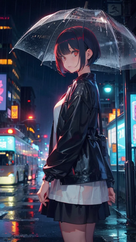 girl with short bob hair,Red eyes ,Standing in the rainy city