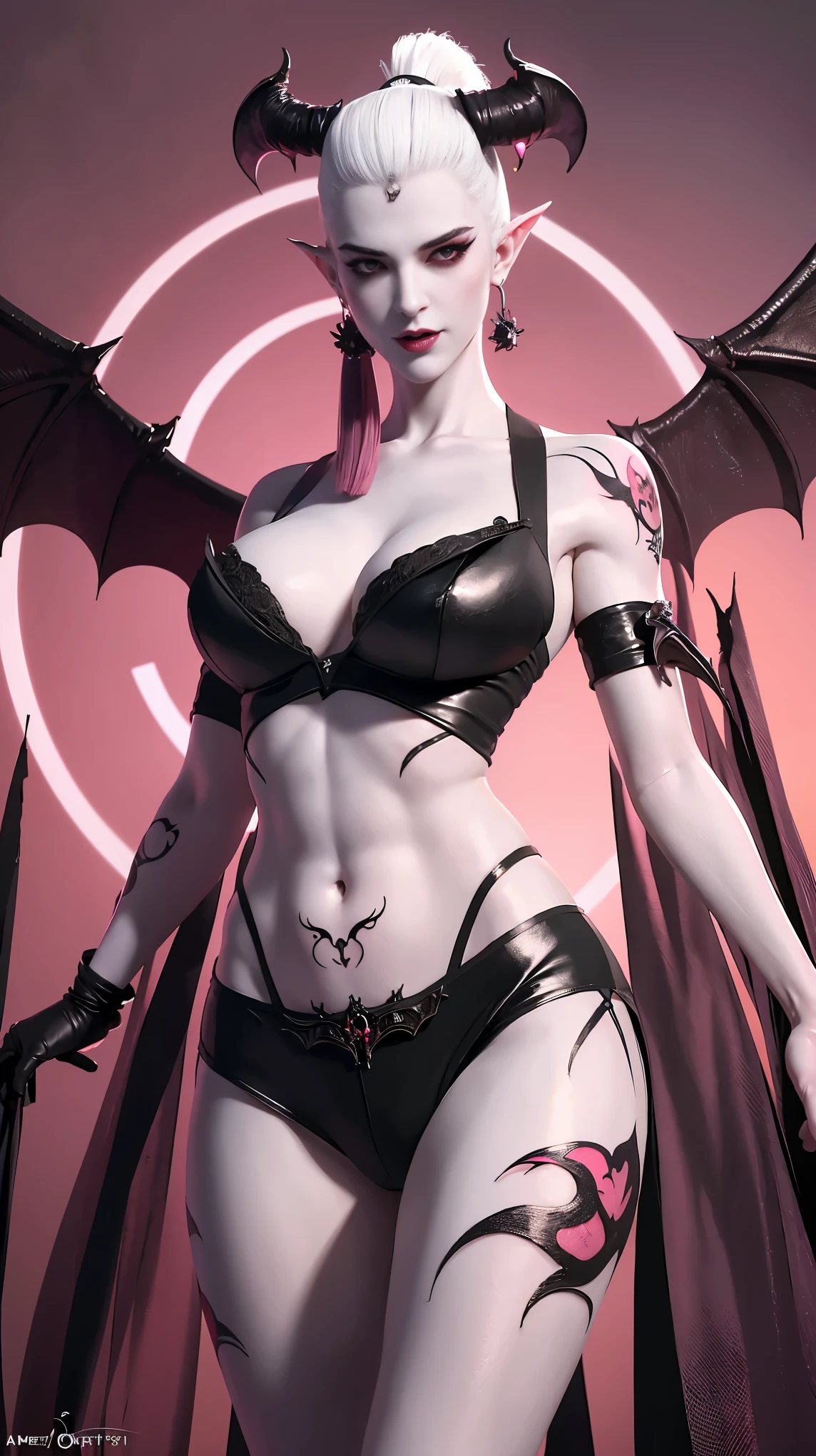 White hair girl, High ponytail hairstyle, good exercise, Large breasts, Succubus, (((Succubus tattoo on lower abdomen))), Tight and low waist, shorts, Pantyhose, Full body image, Sexy Girl, Happy laughter, shy, Expression, There are peach hearts in the eyes, (Eye detail depiction), Sexy long legs, Thin waist, Sweat dripping down my waist, (Exposing the lower abdomen), (((Succubus tattoo extreme detail portrayal))), Wings of Ice and Fire, Front squat, Dark lock method, 2D Blush, crazy, Fangs, Slobber, Pink Hair, Asymmetrical bangs, Sheer Clothing, Hands on thighs, Look away, 8k resolution, Raise an eyebrow, shiny hair, Flower head, Wristbands, bandage