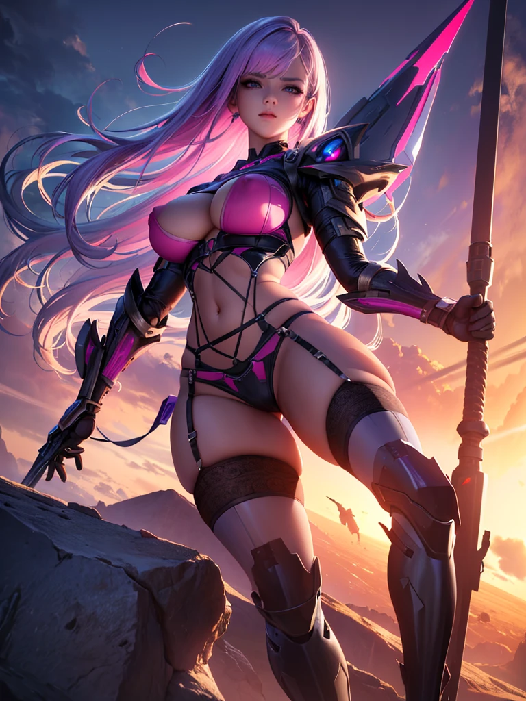 1girl, android girl, half futuristic armor, half transparent lingerie with stockings and garter belt, bustier with lace bra, puffy nipples visible through the bustier, slim body, purple ultra detailed eyes, pink and white hair, extremely detailed face, perfect facial symmetry, perfect body, on an unknown planet, in the background futuristic spaceship, side view from below, concept art, digital painting, cinematic lighting, dramatic shadows, vibrant colors, intricate details, hyperrealistic, (best quality,4k,8k,highres,masterpiece:1.2),ultra-detailed,(realistic,photorealistic,photo-realistic:1.37)