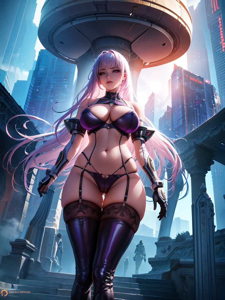 1girl, android girl, half futuristic armor, half transparent lingerie with stockings and garter belt, bustier with lace bra, puffy nipples visible through the bustier, slim body, purple ultra detailed eyes, pink and white hair, extremely detailed face, perfect facial symmetry, perfect body, on an unknown planet, in the background futuristic spaceship, side view from below, concept art, digital painting, cinematic lighting, dramatic shadows, vibrant colors, intricate details, hyperrealistic, (best quality,4k,8k,highres,masterpiece:1.2),ultra-detailed,(realistic,photorealistic,photo-realistic:1.37)