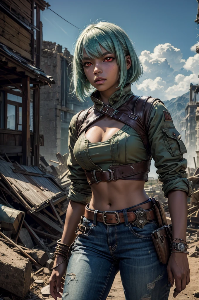 emeraldsustrai, emerald sustrai, short hair, (red eyes:1.5), green hair, dark skin, dark-skinned female, BREAK navel, cleavage, midriff, belt, cleavage cutout, chaps, BREAK walking, city ruins on hill, in valley, BREAK searching through ruins, mountains in background, waterfall, crowd, (crowd in military dress), post-apocalypse, dystopian future, (volumetric lighting), intricate details, tonemapping, sharp focus, hyper detailed, (cowboy shot:1.5), BREAK (masterpiece:1.2), best quality, high resolution, unity 8k wallpaper, (illustration:0.8), (beautiful detailed eyes:1.6), extremely detailed face, perfect lighting, extremely detailed CG, (perfect hands, perfect anatomy),