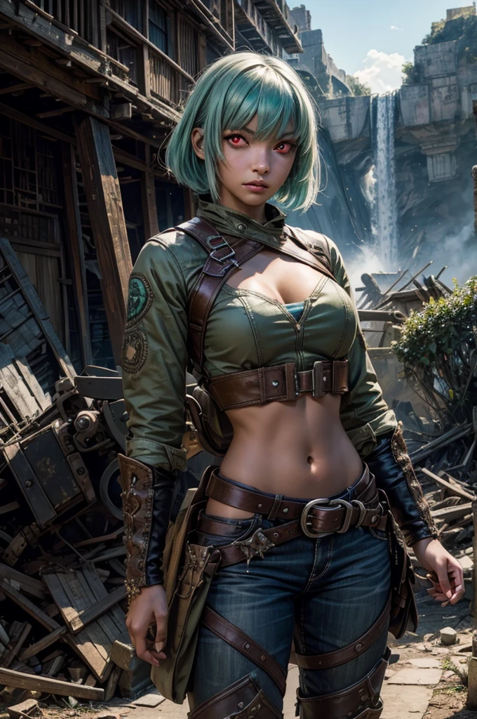 emeraldsustrai, emerald sustrai, short hair, (red eyes:1.5), green hair, dark skin, dark-skinned female, BREAK navel, , midriff, belt, cleavage chaps,  BREAK sitting in city ruins on hill, in valley, BREAK mountains in background, waterfall, crowd, (crowd in military dress), post-apocalypse, dystopian future, (volumetric lighting),  intricate details, tonemapping, sharp focus, hyper detailed, (cowboy shot:1.5), BREAK (masterpiece:1.2), best quality, high resolution, unity 8k wallpaper, (illustration:0.8), (beautiful detailed eyes:1.6), extremely detailed face, perfect lighting, extremely detailed CG, (perfect hands, perfect anatomy), 