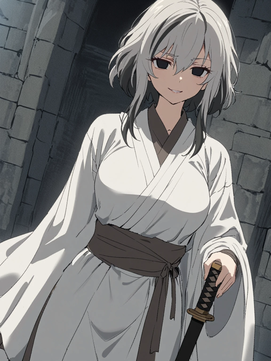 {{upper body, dutch angle}} {{Artist: sincos}} 1girl, solo, facing viewer, very short hair, black and grey hair, medium breasts, tall female, mature female, two-tone hair, streaked hair, black eyes, empty eyes, evil smile, hair between eyes, sidelocks, white long kimono, two-toned hair, arm on own waist, holding katana, pov, medieval fantasy.