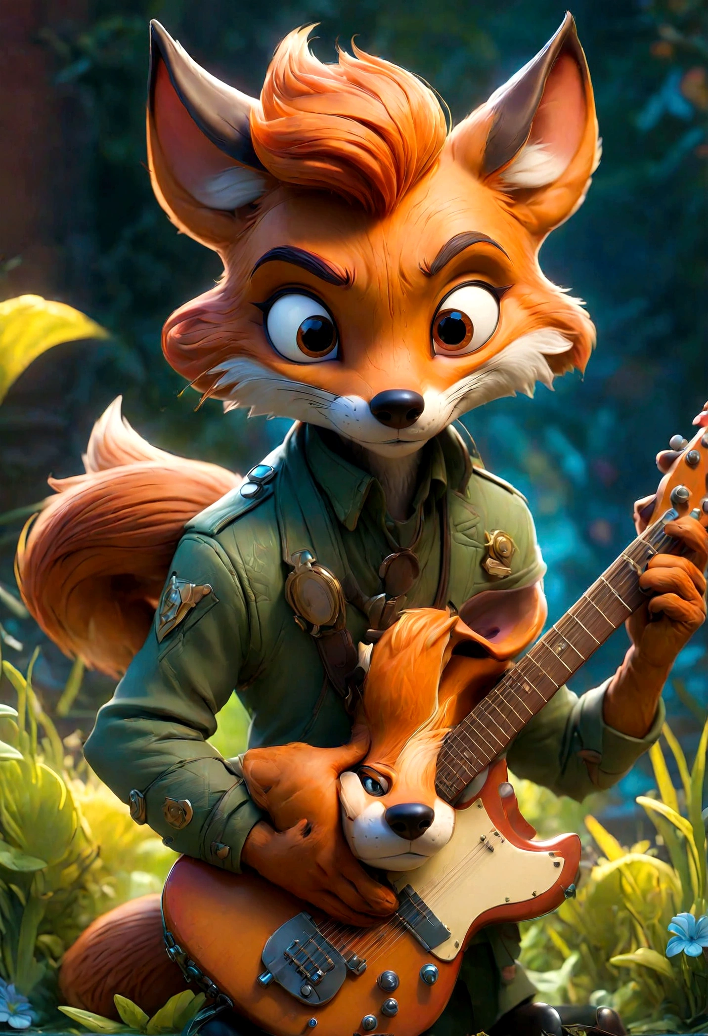 a fox Guitarist, "Zootopia", outdoor, dramatic composition, cinematic dynamic action scene, vibrant colors, cinematic lighting, dramatic lighting, best quality, masterpiece, very aesthetic, perfect composition, intricate details, ultra-detailed