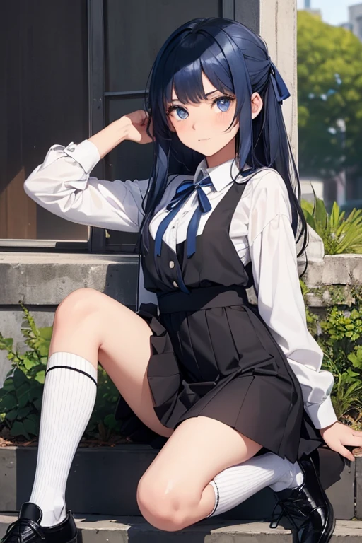 (1girl),(young man),(16 year old teenager),(Height 1.69cm),(pretty young man),(with dark blue hair, long and tied with a large white ribbon. - She has blue eyes and a friendly expression on her face,Charlene is),(dressed),+,(a black sleeveless blouse and a black skirt She),(wears),+,(white socks with two black stripes and shoes black.)