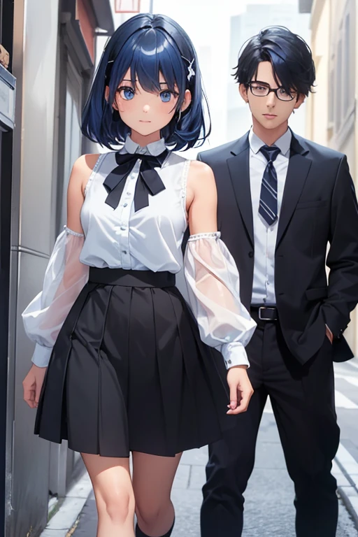 (1girl),(young man),(16 year old ager),(Height 1.69cm),(pretty young man),(with dark blue hair, long and tied with a large white ribbon. - She has blue eyes and a friendly expression on her face,Charlene is),(dressed),+,(a black sleeveless blouse and a black skirt She),(wears),+,(white socks with two black stripes and shoes black.)