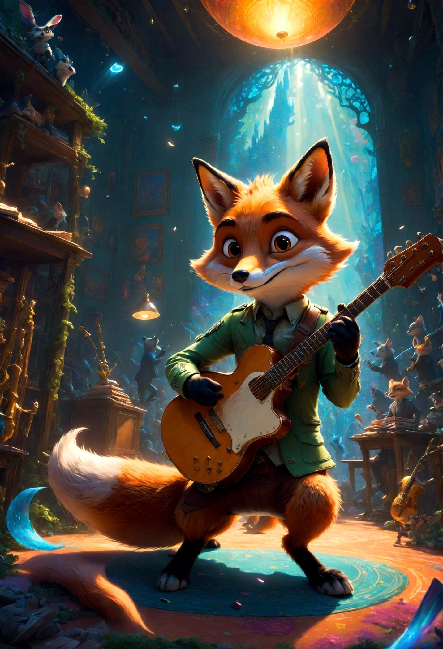 a fox Guitarist, "Zootopia", school, dramatic composition, cinematic dynamic action scene, vibrant colors, cinematic lighting, dramatic lighting, best quality, masterpiece, very aesthetic, perfect composition, intricate details, ultra-detailed