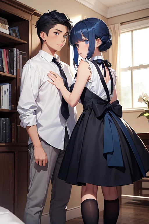 (1girl),(Alone),(young man),(16 year old teenager),(Height 1.69cm),(pretty young man),(with dark blue hair, long and tied with a large white ribbon. - She has blue eyes and a friendly expression on her face,Charlene is),(dressed),+,(a black sleeveless blouse and a black skirt She),(wears),+,(white socks with two black stripes and shoes black.)