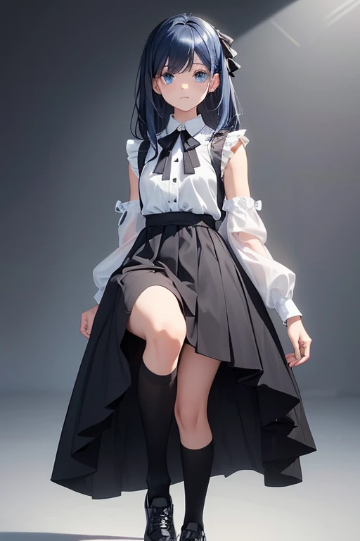 (1girl),(Alone),(young man),(),(Height 1.69cm),(pretty young man),(with dark blue hair, long and tied with a large white ribbon. - She has blue eyes and a friendly expression on her face,Charlene is),(dressed),+,(a black sleeveless blouse and a black skirt She),(wears),+,(white socks with two black stripes and shoes black.)