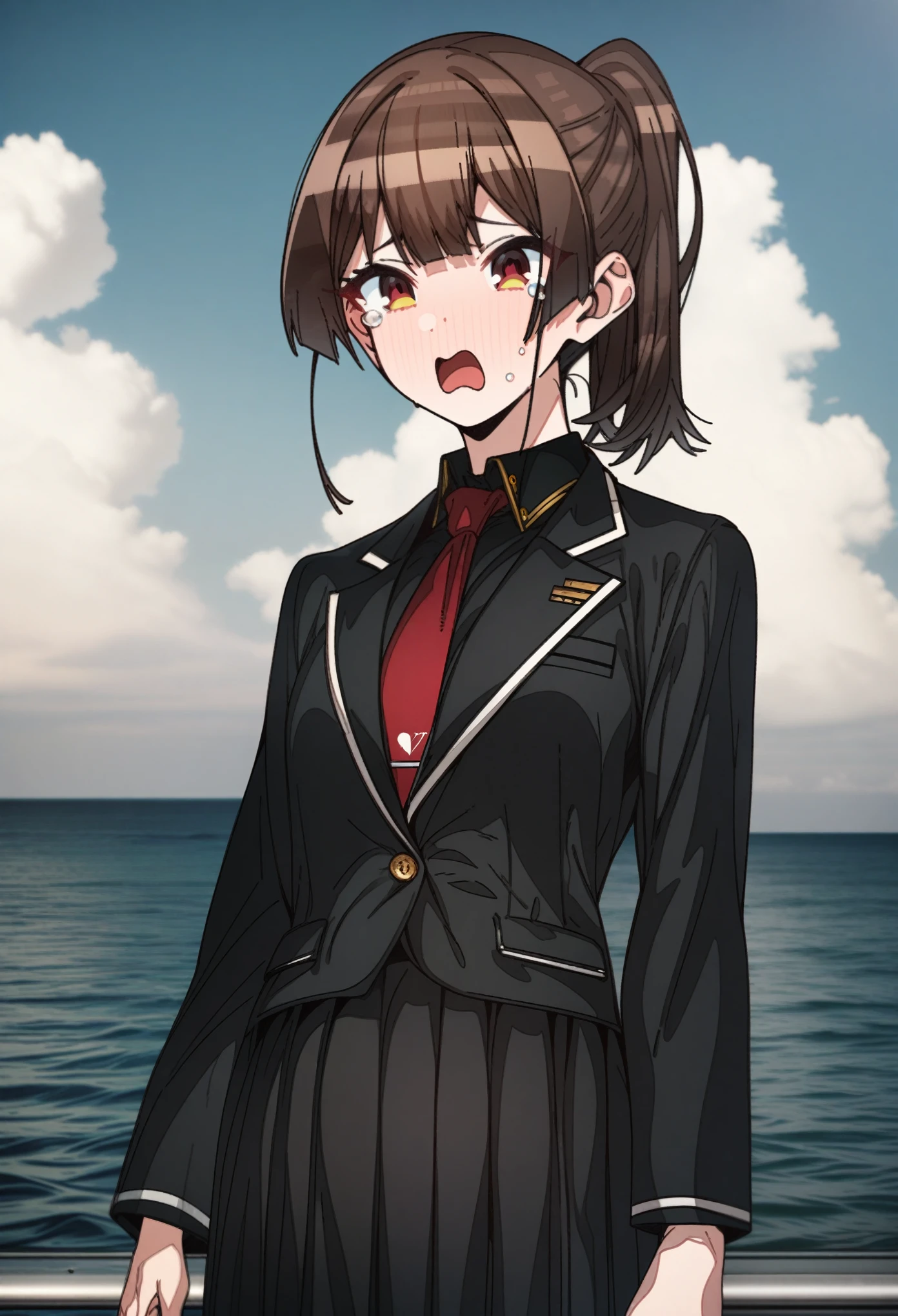 Houshou_marine with brown hair and hazel eyes, Artist, erere, Copyrights, idolmaster, idolmaster_shiny_colors, Character, General, 1girl, brown_hair, medium_breasts, breasts, long side_bangs, ponytail, detailed eyelashes, beautiful girl:1, hazel_eyes, censored, ((clouds, detailed background)), school_uniform, black skirt, black blazer, black_sleeves, pleated skirt:1.2, blazer, red tie, medium shot photography:1.1, standing in middle:1.1, sea, sky:1.5, round_eyes, detailed, outdoors, looking_at_viewer, masterpiece, best_quality, great_quality, girl, solo, center_composition, centered character, cute, tears, crying, sad, upper_teeth_only, surprised
