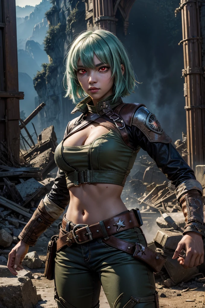 emeraldsustrai, emerald sustrai, short hair, (red eyes:1.5), green hair, dark skin, dark-skinned female, BREAK navel, cleavage, midriff, belt, cleavage cutout, chaps, BREAK fighting stance, city ruins on hill, in valley, BREAK searching through ruins, mountains in background, waterfall, crowd, (crowd in military dress), post-apocalypse, dystopian future, (volumetric lighting), intricate details, tonemapping, sharp focus, hyper detailed, (cowboy shot:1.5), BREAK (masterpiece:1.2), best quality, high resolution, unity 8k wallpaper, (illustration:0.8), (beautiful detailed eyes:1.6), extremely detailed face, perfect lighting, extremely detailed CG, (perfect hands, perfect anatomy),