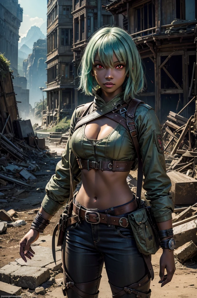 emeraldsustrai, emerald sustrai, short hair, (red eyes:1.5), (green hair), dark skin, dark-skinned female, navel, cleavage, midriff, belt, cleavage cutout, chaps, night, moon, stars, sitting, ((broken suspension bridge, near old steam train)), post-apocalypse, dystopian future, crowd, (crowd in military uniforms), bonfires, (volumetric lighting), intricate details, tonemapping, sharp focus, hyper detailed, (cowboy shot:1.5), BREAK (masterpiece:1.2), best quality, high resolution, unity 8k wallpaper, (illustration:0.8), (beautiful detailed eyes:1.6), extremely detailed face, perfect lighting, extremely detailed CG, (perfect hands, perfect anatomy),