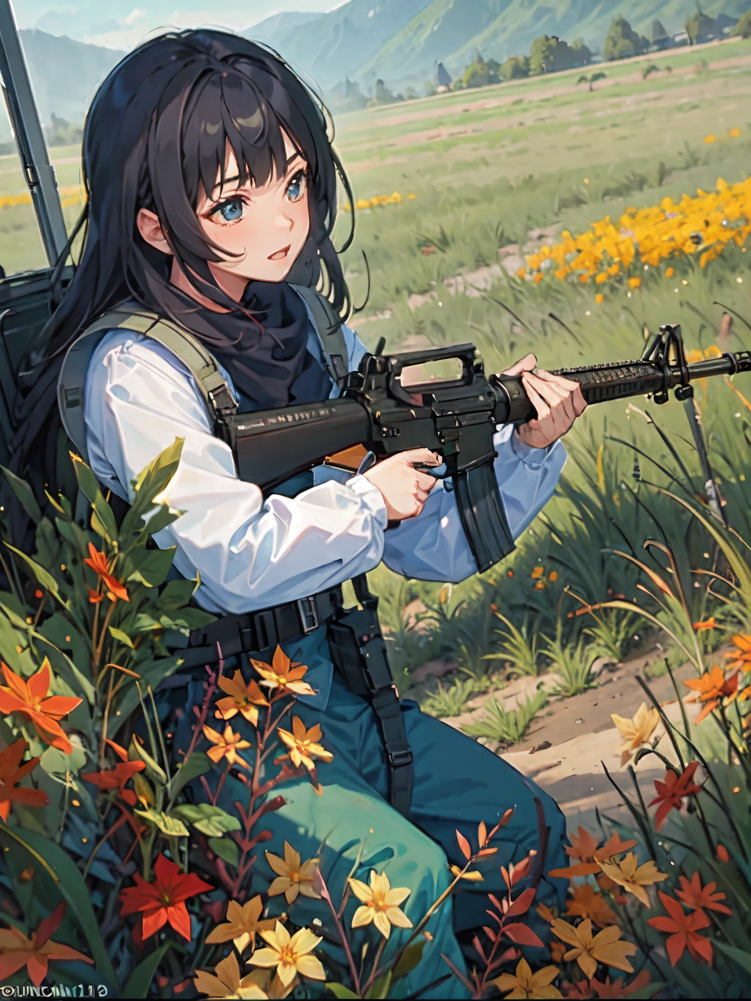 (masterpiece, best quality:1.2), solo, 1girl, using an m16a2