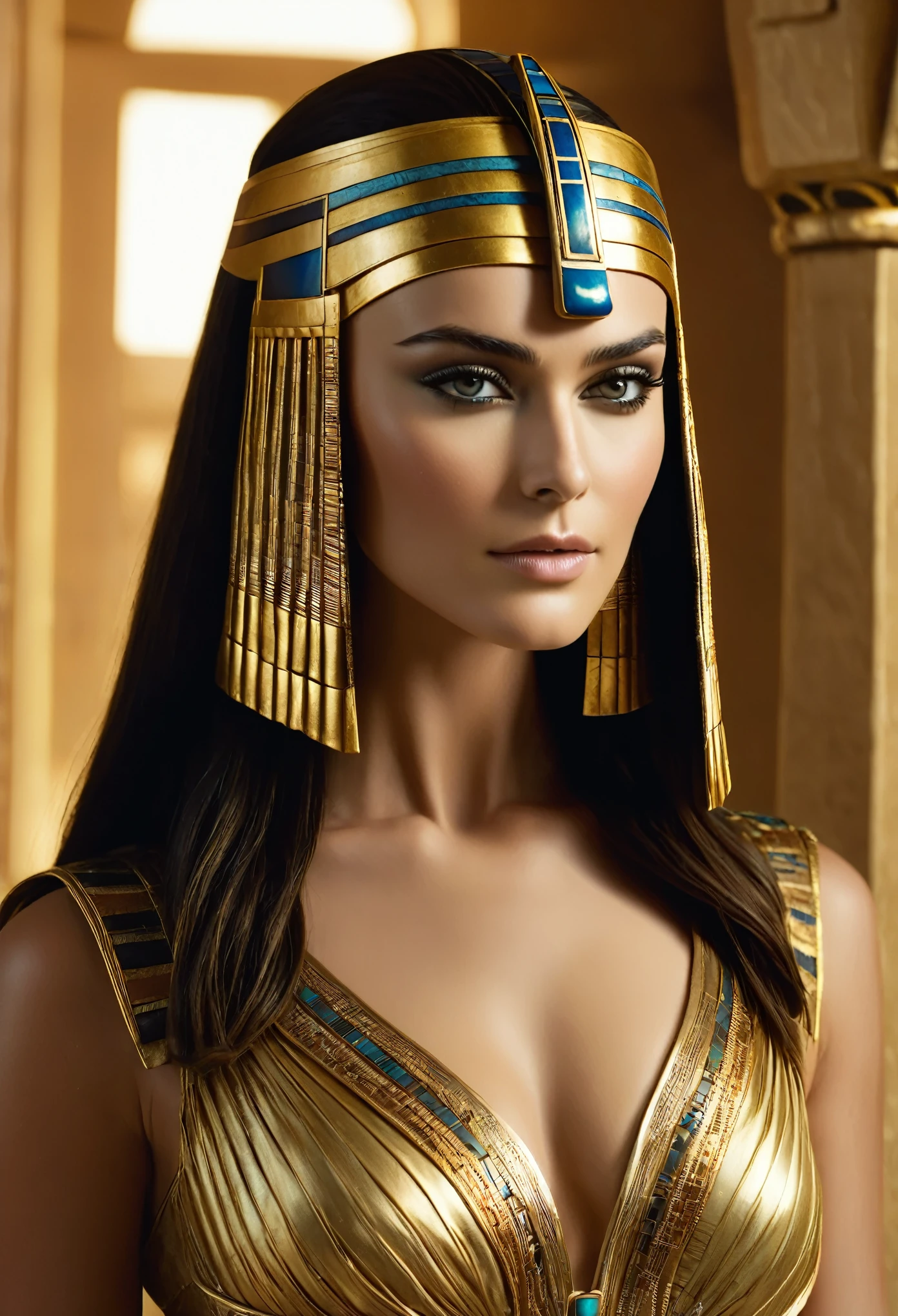 Gorgeous cleopatra, insane details, thick attractive figure, bulky figure, egyptian princess, cinematic goddess close shot, cleopatra, extremely beautiful lady, cinematic goddess body shot, cleopatra portrait, goddess, stunning beauty, extremely high detail, egyptian, cleopatra in her palace, cinematic goddess shot, egyptian style, extremely detailed goddess shot, beautiful goddess, cinematic portrait, professional cinematography, As an Egyptian, Keira Knightley Beautiful and stunning pharaoh Keira Knightley, portrait of Cleopatra, uhd, 8k, 32k, detailed, intricate, sharp Beauty, high definition, cinematic perspective, faultless image, background of ancient EgyptA close-up of a woman wearing a gold dress and an Egyptian mask, a cinematic portrait, expert cinematography, crazy details, an Egyptian princess, a close-up of a cinematic goddess, cleopatra, an incredibly beautiful lady, and a cinematic goddess body