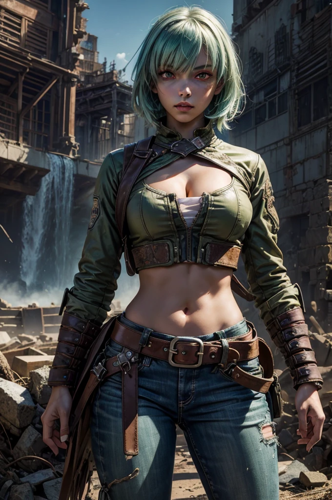 emeraldsustrai, emerald sustrai, short hair, (red eyes:1.5), green hair, dark skin, dark-skinned female, BREAK navel, cleavage, midriff, belt, cleavage cutout, chaps, BREAK city ruins on hill, in valley, mountains in background, waterfall, crowd, (crowd in military dress), post-apocalypse, dystopian future, crowd, (crowd in military uniforms), (volumetric lighting), best quality, masterpiece, intricate details, tonemapping, sharp focus, hyper detailed, BREAK searching through ruins, (cowboy shot:1.5), BREAK (masterpiece:1.2), best quality, high resolution, unity 8k wallpaper, (illustration:0.8), (beautiful detailed eyes:1.6), extremely detailed face, perfect lighting, extremely detailed CG, (perfect hands, perfect anatomy),