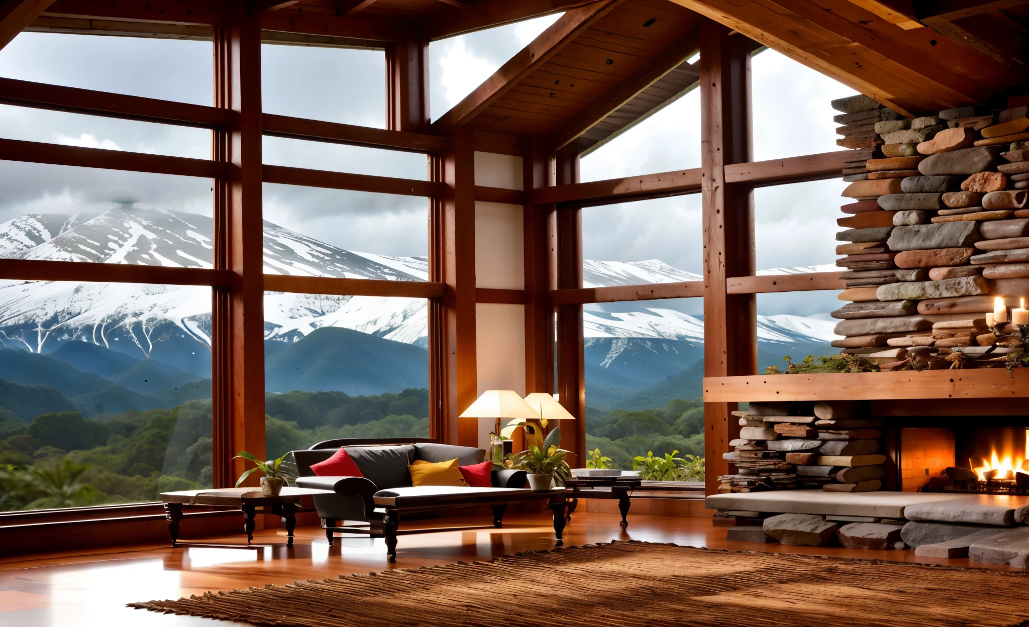 Sala de estar com vista para uma montanha e uma floresta, mountainous jungle setting, jungle setting, Como uma cena de Blade Runner, magical ambiance, pintura escura ultrarrealista, em um ambiente de selva, pleasant environment, floresta nublada, Selva bonita, ambiente mal-humorado, Selva exuberante, Inside an alien jungle, Plantas e selva, montanhas da floresta tropical, ambiente relaxante