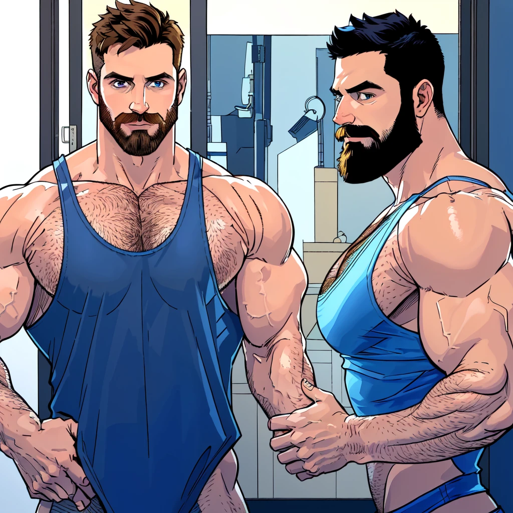 1 male, male focus, beard,muscular male,  short hair, pushed back hair style, mature male, (blue tank top:1.3), pectoral cleavage, mustache, brown hair, hand on chest, indoors, blue eyes, chest hair, covered abs, upper body,  window, door,white briefs