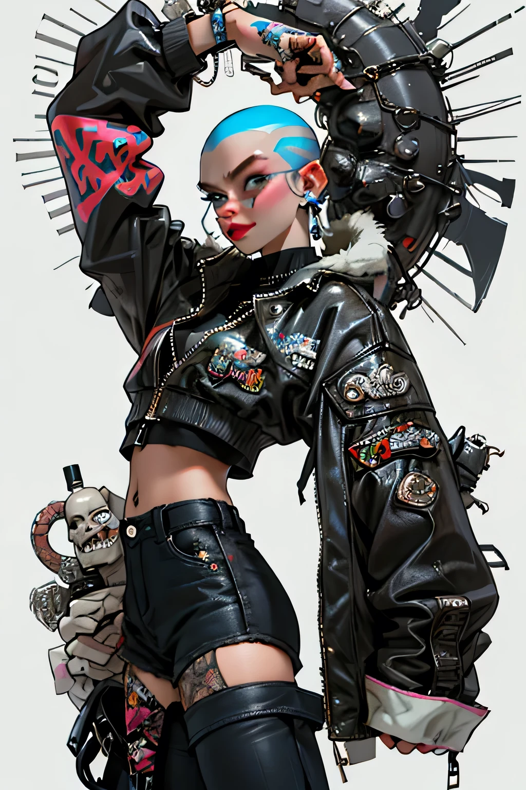 (masterpiece: 1.2, best quality), (real picture, intricate details), (1lady, solo, upper body, big tits) Clothing: sharp, stylish, cool, fashionable, non-standard, avant-garde, experimental Appearance: shaved head or bold hair color, spectacular makeup, unconventional fashion choices Behavior: rebellious, non-conformist, provocative Venue: Urban Art District, Underground Music Scene Hobbies: attending punk shows, creating art in mixed media, experimenting with different subcultures Values: individuality, authenticity, creative expression Sources of inspiration: punk rock, counterculture icons, avant-garde art movements Character traits: bold, daring, non-standard.