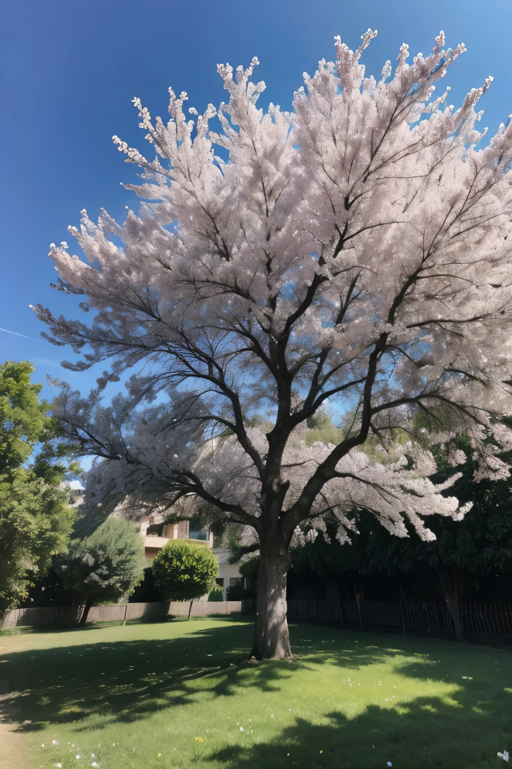 Una pradera con un cielo azul, flores, mariposas y un gran arbol que de sombra,