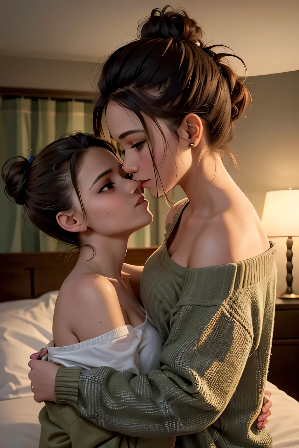 Amazing portait of a hot next door neighbour with her hair tied in a messy bun wearing an off shoulder checked olive green shirt that is unbuttoned and oversized kissing and making out passionately with her male neighbour on her bed in an intimate setting