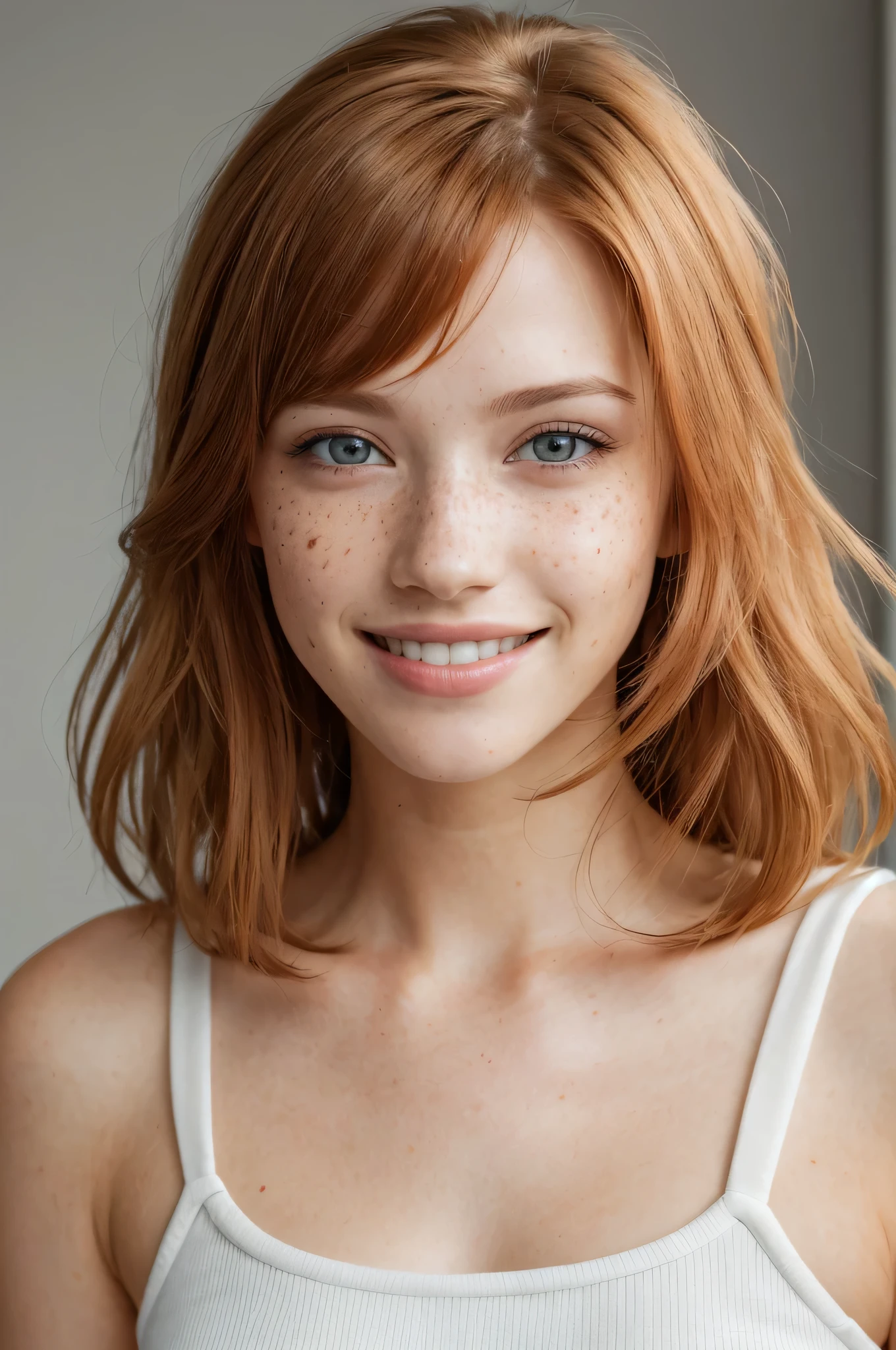 (a woman, white, beautiful, pretty face, symmetrical face, brown eyes, freckles on her face, medium hair, redhead, Shaggy style hair, Shaggy hair, smiling, beautiful smile) (positioned forward, looking forward, looking at the camera, face forward) (front lighting, natural lighting, daylight, vibrant colors, saturated, vivid colors) (perfect smile, smiling) (home setting, blurred background, beautiful background) (realistic style, realistic photo, professional photo , flat angle, focus on face, face photo, face only, photography) (8k image, full hd, 8k resolution, best resolution, work of art, perfect image)