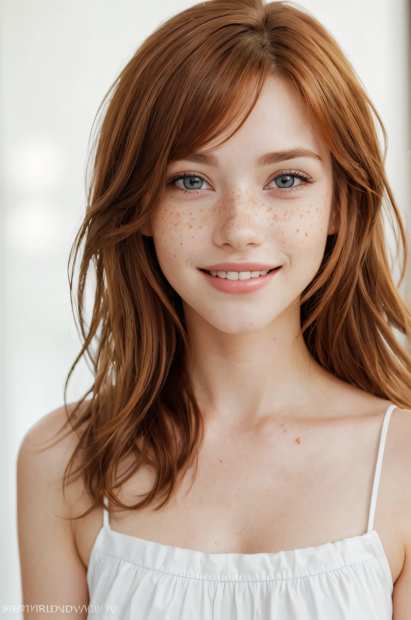 (a woman, white, beautiful, pretty face, symmetrical face, brown eyes, freckles on her face, medium hair, redhead, Shaggy style hair, Shaggy hair, smiling, beautiful smile) (positioned forward, looking forward, looking at the camera, face forward) (front lighting, natural lighting, daylight, vibrant colors, saturated, vivid colors) (perfect smile, smiling) (home setting, blurred background, beautiful background) (realistic style, realistic photo, professional photo , flat angle, focus on face, face photo, face only, photography) (8k image, full hd, 8k resolution, best resolution, work of art, perfect image)