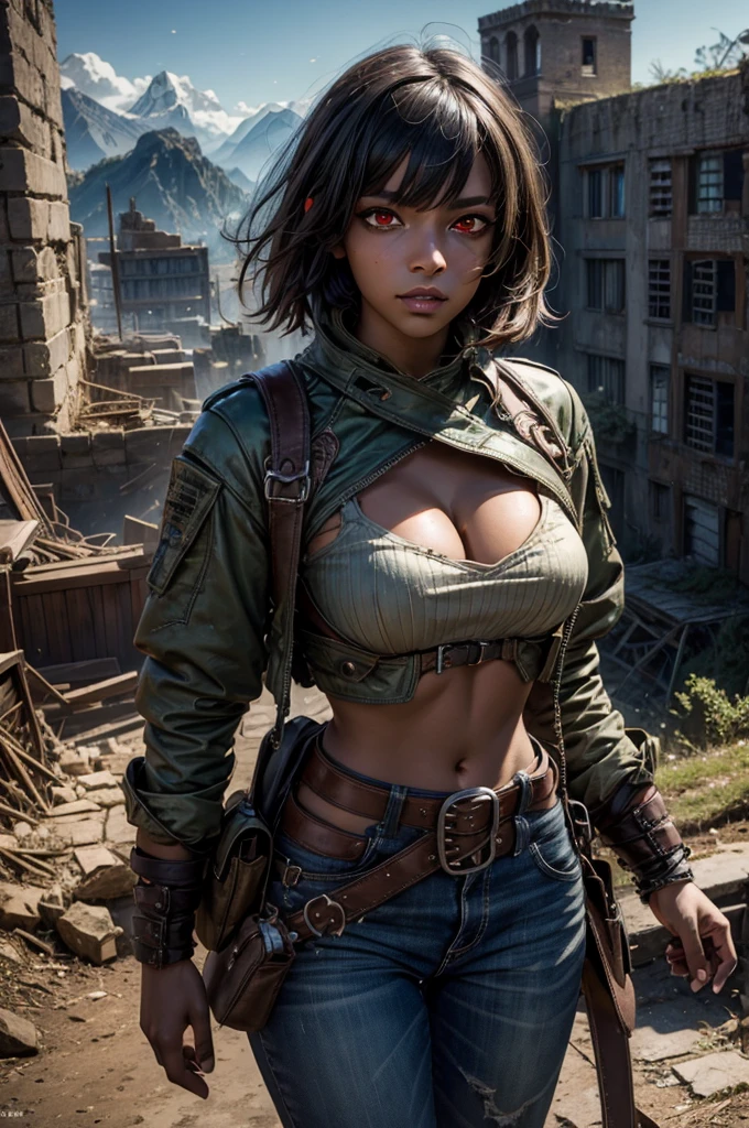 emeraldsustrai, emerald sustrai, short hair, (red eyes:1.5), green hair, dark skin, dark-skinned female, BREAK navel, cleavage, midriff, belt, cleavage cutout, chaps, BREAK walking, city ruins on hill, in valley, BREAK searching through ruins, mountains in background, waterfall, crowd, (crowd in military dress), post-apocalypse, dystopian future, (volumetric lighting), intricate details, tonemapping, sharp focus, hyper detailed, (cowboy shot:1.5), BREAK (masterpiece:1.2), best quality, high resolution, unity 8k wallpaper, (illustration:0.8), (beautiful detailed eyes:1.6), extremely detailed face, perfect lighting, extremely detailed CG, (perfect hands, perfect anatomy),