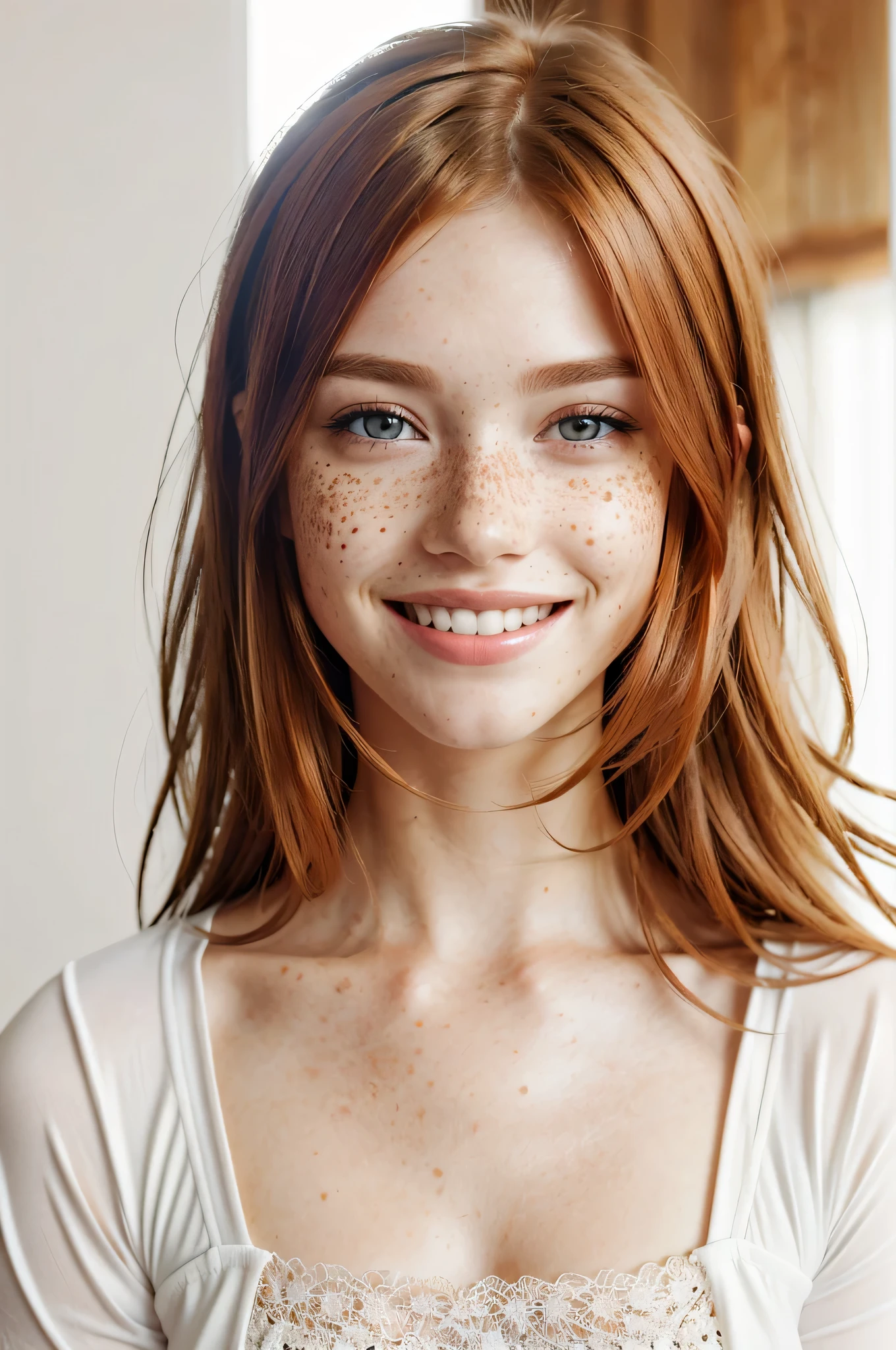 (a woman, white, beautiful, pretty face, symmetrical face, brown eyes, freckles on her face, medium hair, redhead, Shaggy style hair, Shaggy hair, smiling, beautiful smile) (positioned forward, looking forward, looking at the camera, face forward) (front lighting, natural lighting, daylight, vibrant colors, saturated, vivid colors) (perfect smile, smiling) (home setting, blurred background, beautiful background) (realistic style, realistic photo, professional photo , flat angle, focus on face, face photo, face only, photography) (8k image, full hd, 8k resolution, best resolution, work of art, perfect image)