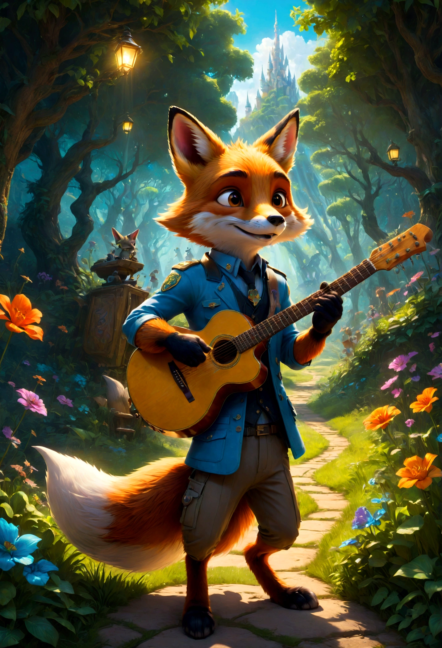 a fox Guitarist, "Zootopia", country path, dramatic composition, cinematic dynamic action scene, vibrant colors, cinematic lighting, dramatic lighting, best quality, masterpiece, very aesthetic, perfect composition, intricate details, ultra-detailed