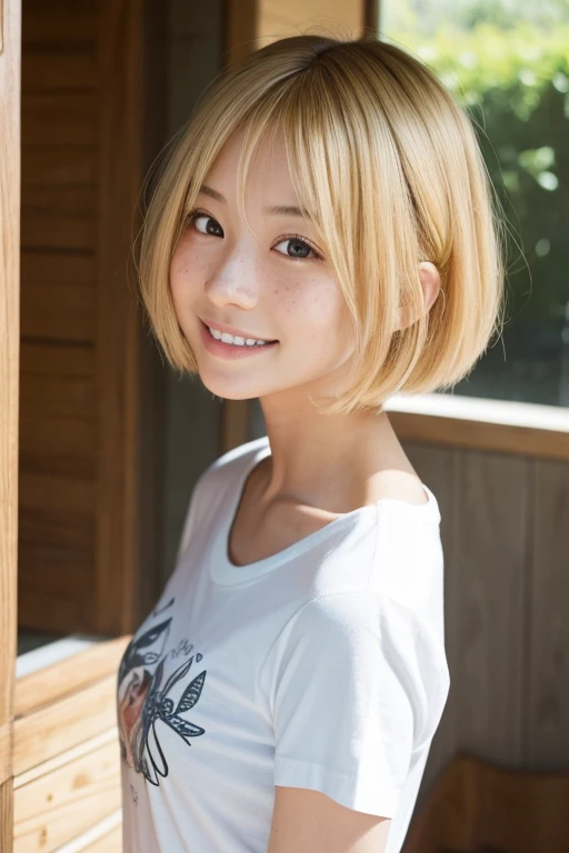 Japanese,beautiful girl,Natural Shape,Bob Hair,blonde,Natural light,has freckles,Intricate details,Realistic,Innocent smile,A T-shirt that clearly shows your body lines,Angle of view other than the front