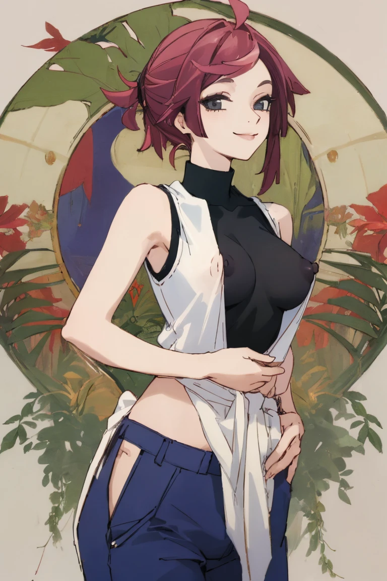 ((highest quality)), ((masterpiece)), (be familiar with),One female,nsfw,Erect nipples,Sleeveless shirt,pants,Bewitching Smile
