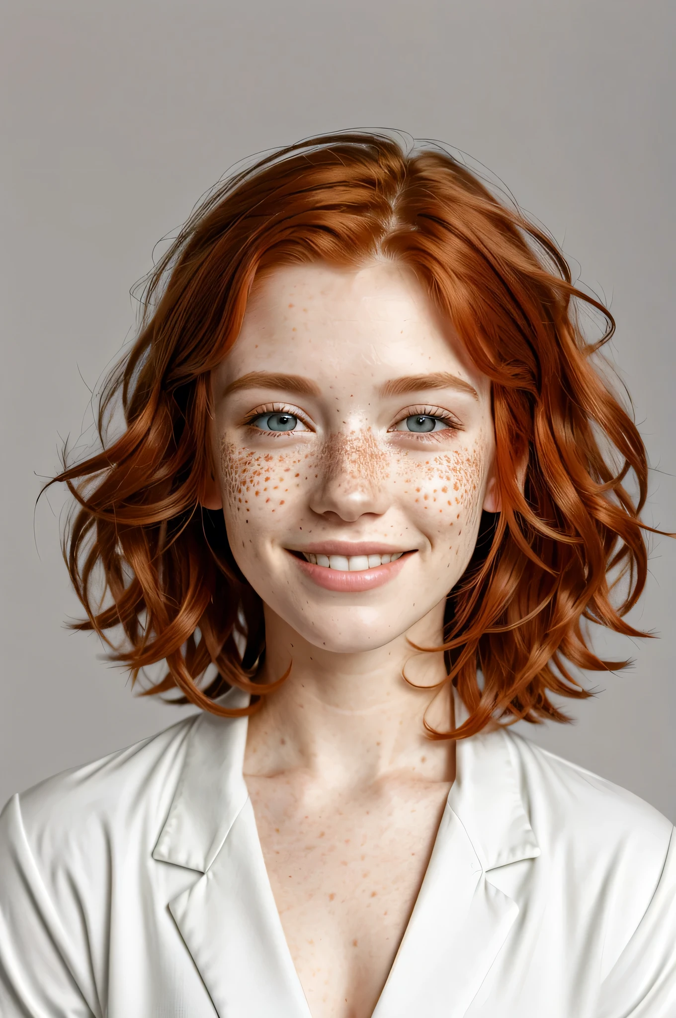 1woman, solo, redhead, shaggy hair, smiling, beautiful, freckles, portrait photo, focus on face, professional photo, white clothes, grey background, natural lighting