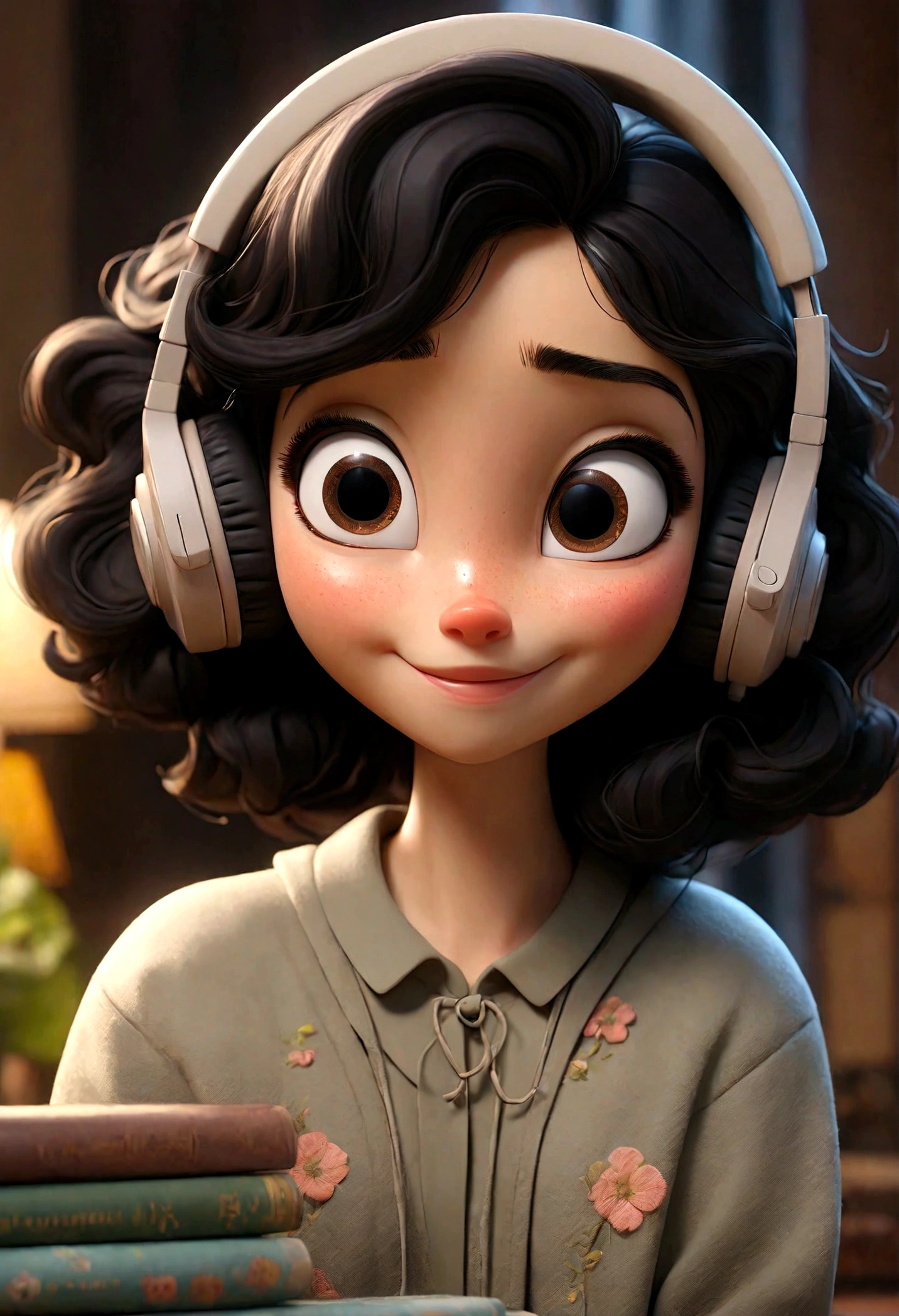 highest quality、masterpiece、night、Headphones、Listening to music、open closed、smile、relax、Black Hair、Shortcuts、Cute、One Woman
