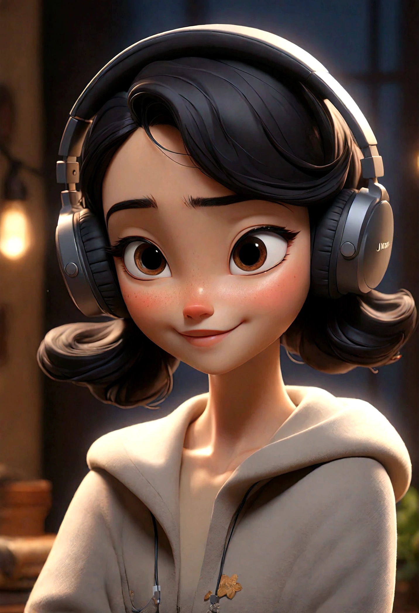 highest quality、masterpiece、night、Headphones、Listening to music、open closed、smile、relax、Black Hair、Shortcuts、Cute、One Woman