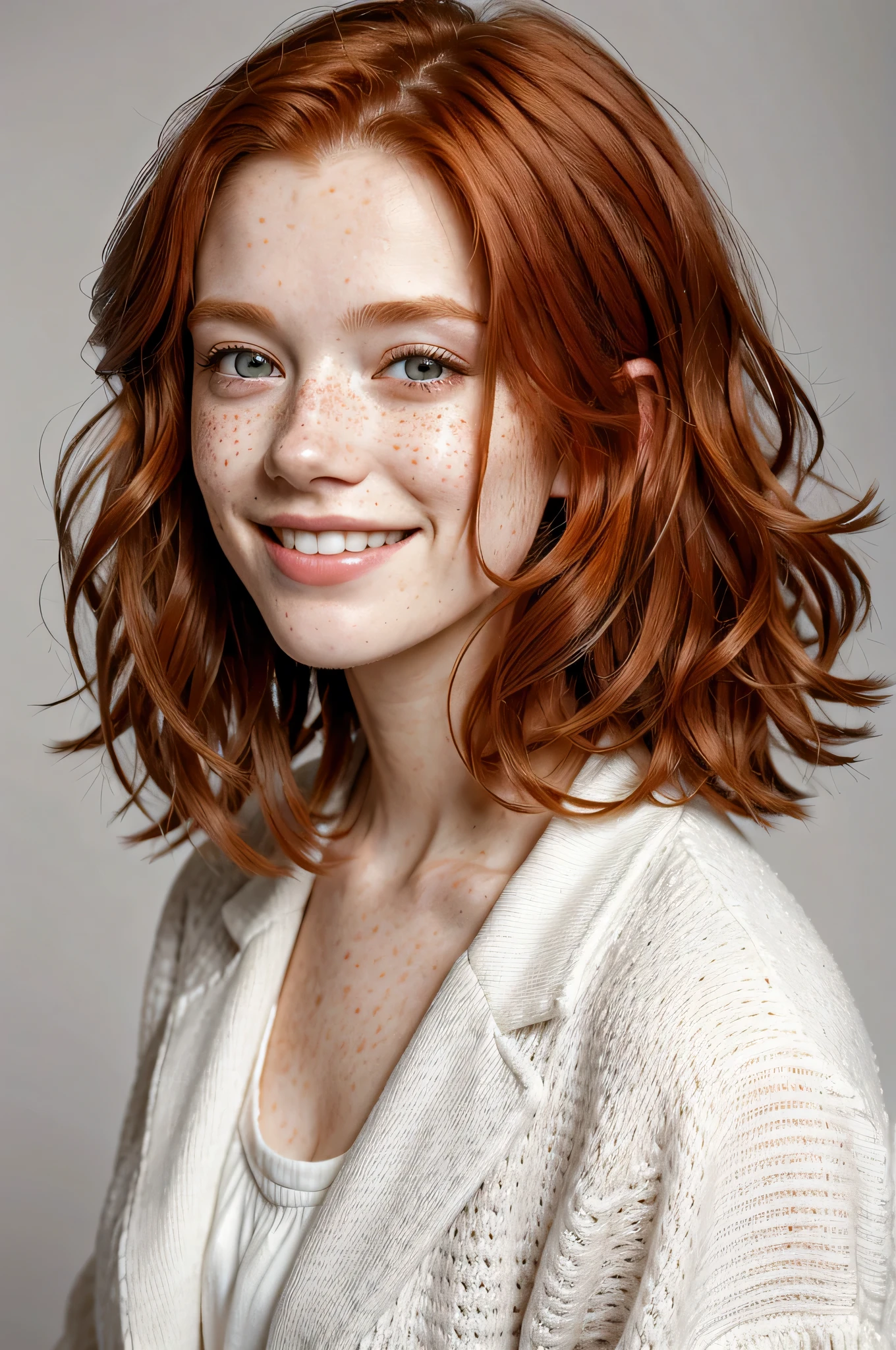 1woman, solo, redhead, shaggy hair, smiling, beautiful, freckles, portrait photo, focus on face, professional photo, white clothes, grey background, natural lighting