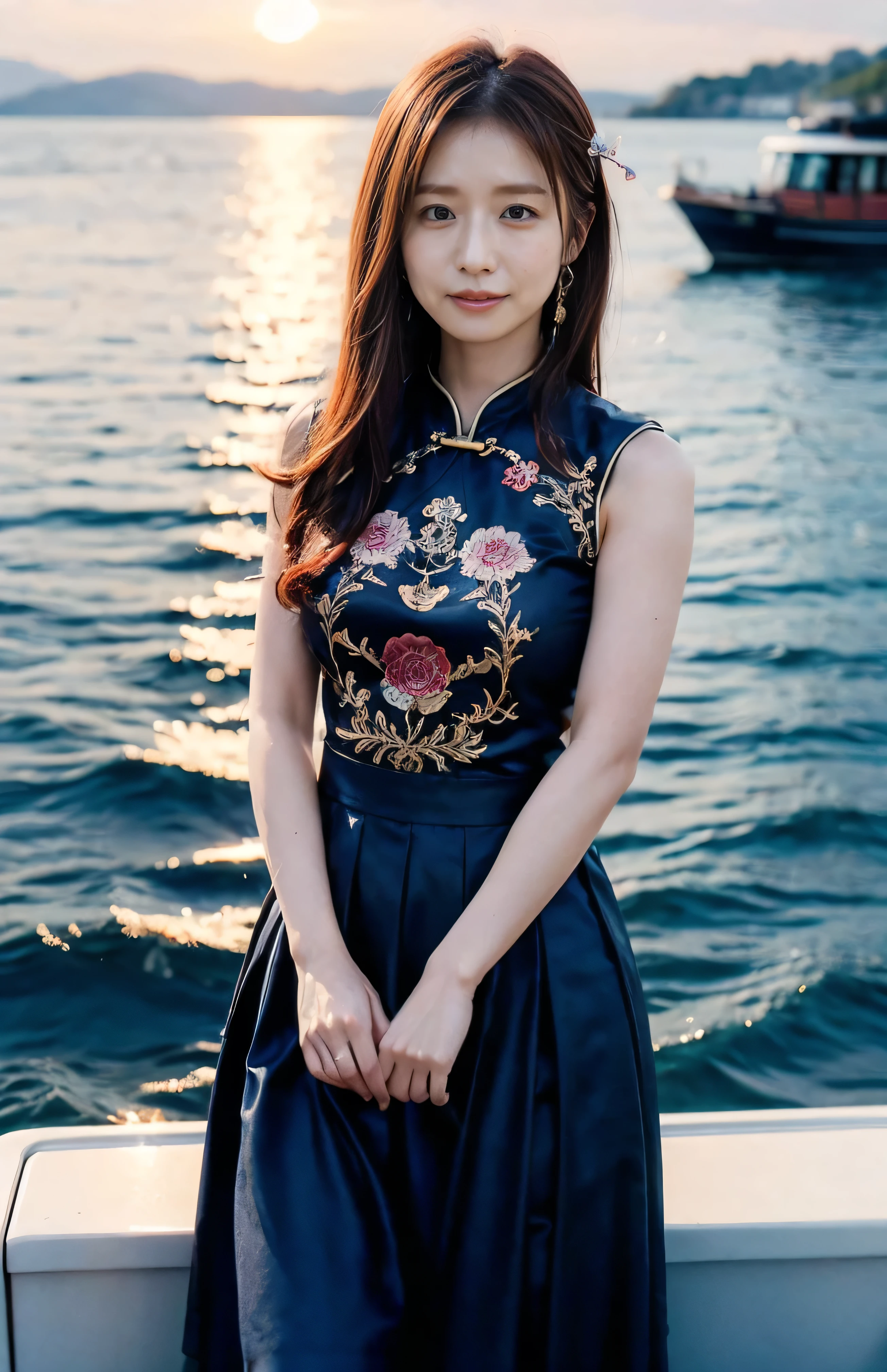 The sky turns red、((hair ornaments:1.5)).A gorgeous gold embroidered Chinese dress、hair ornaments、Tie your hair elegantly、Gorgeous silk cheongsam、((Standing on a boat and posing sexy、Luxurious and shiny navy-colored Chinese dress with embroidered long skirt:1.4)).A luxurious and shiny silk cheongsam、A luxurious navy blue cheongsam with embroidery、Woman standing on a boat、Light brown hair、Elegant hairstyle、Blue Eyed Woman、A woman with a cute upward gaze、When the sky gets dark、The gentle light of the ship shines、The sky turns red as the sun sets、Tight clothing that shows your body lines、、Elegant navy blue summer knit、Elegant black summer sweater、Short skirt、Dress elegantly着こなす、Luxury Bagedium Shorthair:1.4))、Skyscrapers seen across the sea、Manhattan 私sland is visible offshore、Woman on a sightseeing boat、、The sun shines on her、Light brown hair、Light brown hair、The sky was dyed red、There are clouds、private's cute、An elegantly dressed woman is sitting on a boat and watching the sunset、Her ample breasts are obvious even through her clothes..、The shining sun is so beautiful、Dusk is approaching、Lens flare、I can see the sunset、((Sunlight reflecting off the ocean、Ocean View、The sun shines on the sea、'beautiful.、Small earrings、private'evening、Birds are also flying、、Brown Hair Color、Tying up hair、The woman is on the right:1.4))、Luxury Leather Belts、Shiny clothes、Light beige hair color、Background Blur、Braid only the front hair、Light brown hair、{{Cowgirl Shot}}、((Close-up shot from the waist up、Ample breasts:1.4))、Smile、Silk clothing、Ample breasts that can be seen even through clothes、Braid only the front hair、Cowboy Shot、Gorgeous white collared silk shirt and brown skirt、Dress elegantly、Luxury Bags、A lovely smile、((Ample breasts))、Full body photo、ring、Short skirt、Tuck your hair behind one ear、Silver Necklace、smile、 Elegant ponytail、Caustics、Highly detailed photos、Very beautiful and ideal short hair、Super no makeup、(8k、RAW Photos、highest quality、masterpiece:1.2)、(Realistic、Realistic)、1 girl、((Medium Short Hair、Looking into the camera:1.4))、Hair blowing in the wind
