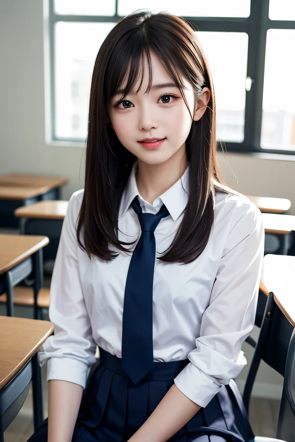 a closeup, ​masterpiece, top-quality, Raw foto, Photorealsitic, A smile, beautiful a girl, cute little, length hair, depth of fields, hight resolution, ultra-detailliert, detaile, extremely detailed eye and face, Sharp pupils, Realistic pupils, sharp focus, Cinematic lighting、School Uniforms、Sitting on a chair in a classroom、The upper part of the body、