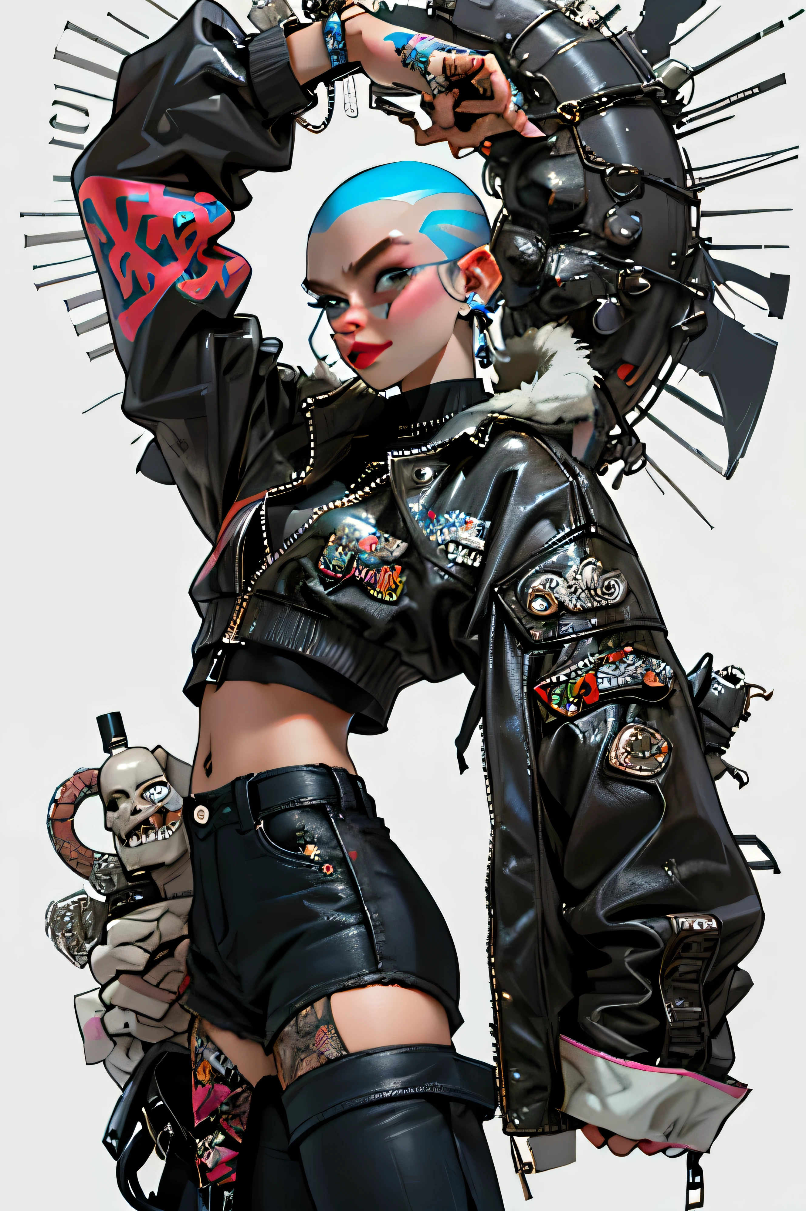 (masterpiece: 1.2, best quality), (real picture, intricate details), (1lady, solo, upper body, big tits) Clothing: sharp, stylish, cool, fashionable, non-standard, avant-garde, experimental Appearance: shaved head or bold hair color, spectacular makeup, unconventional fashion choices Behavior: rebellious, non-conformist, provocative Venue: Urban Art District, Underground Music Scene Hobbies: attending punk shows, creating art in mixed media, experimenting with different subcultures Values: individuality, authenticity, creative expression Sources of inspiration: punk rock, counterculture icons, avant-garde art movements Character traits: bold, daring, non-standard.