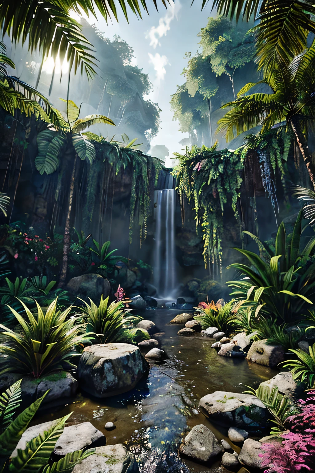 unreal engine 5 render, jungle, river, flowers, extremely detailed, colorful