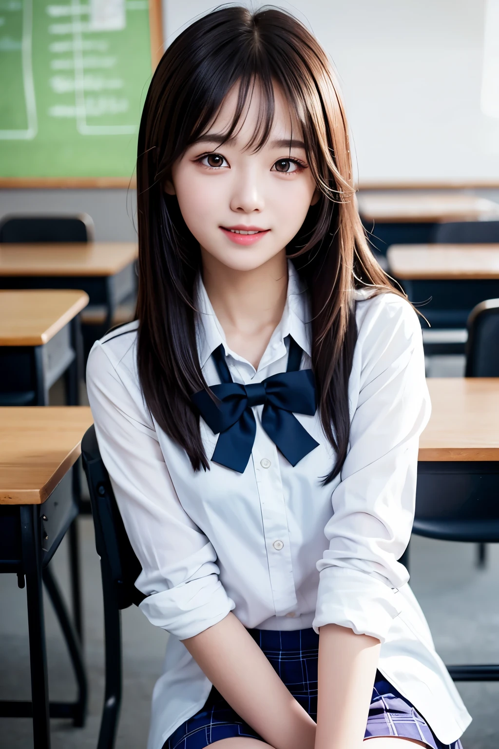 a closeup, masterpiece, top-quality, Raw foto, Photorealsitic, A smile, beautiful a girl, cute little, length hair, depth of fields, hight resolution, ultra-detailliert, detaile, extremely detailed eye and face, Sharp pupils, Realistic pupils, sharp focus, Cinematic lighting、School Uniforms、Sitting on a chair in a classroom、The upper part of the body、
