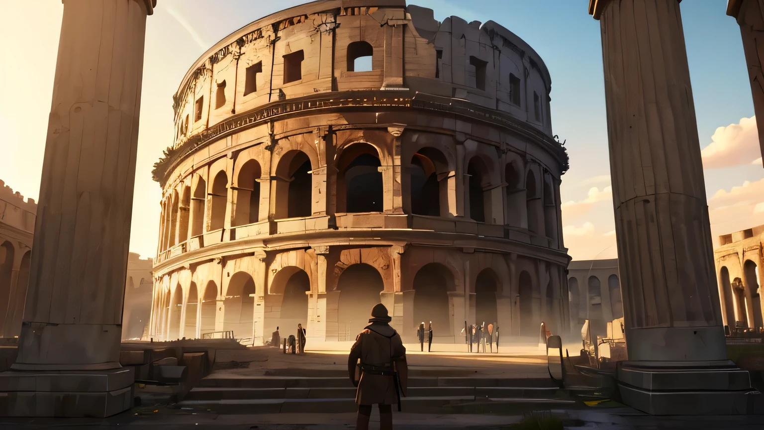 A terrified group of men, women, and children in tattered, worn brown clothing, standing in the center of the ancient Roman Colosseum, facing execution, (best quality,4k,8k,highres,masterpiece:1.2),ultra-detailed,(realistic,photorealistic,photo-realistic:1.37),intricate details,dramatic lighting,chiaroscuro,muted earthy tones,cinematic composition,historical accuracy,gritty realism,sense of impending doom