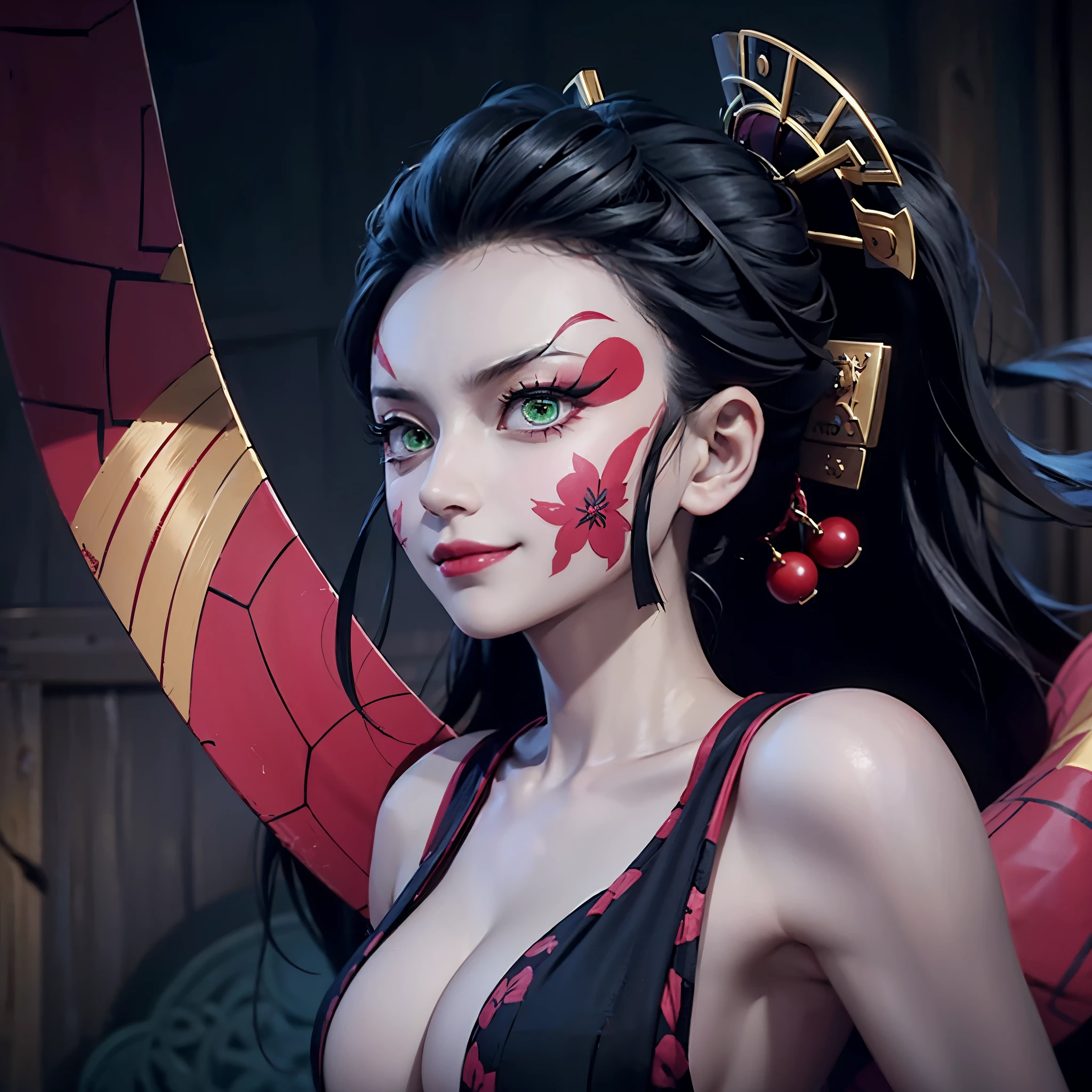 NFV, ДеVушка без одежды, V, perfect cosplay, pale skin, expenses, smiling, черные Vолосы, заколки для Vолос, Geisha, ТатуироVки демоноV, green eyes, realism, очень детализироVанные глаза, Четкие татуироVки, Evil Face, irritation, Vзгляд V центр