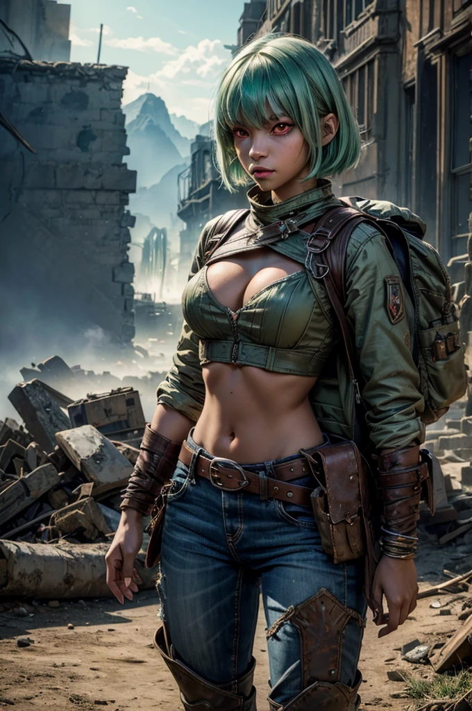 emeraldsustrai, emerald sustrai, short hair, (red eyes:1.5), green hair, dark skin, dark-skinned female, BREAK navel, cleavage, midriff, belt, cleavage cutout, chaps, back pack, BREAK walking, city ruins on hill, in valley, BREAK searching through ruins, mountains in background, waterfall, crowd, (crowd in military dress), post-apocalypse, dystopian future, (volumetric lighting),  intricate details, tonemapping, sharp focus, hyper detailed, (cowboy shot:1.5), BREAK (masterpiece:1.2), best quality, high resolution, unity 8k wallpaper, (illustration:0.8), (beautiful detailed eyes:1.6), extremely detailed face, perfect lighting, extremely detailed CG, (perfect hands, perfect anatomy), 