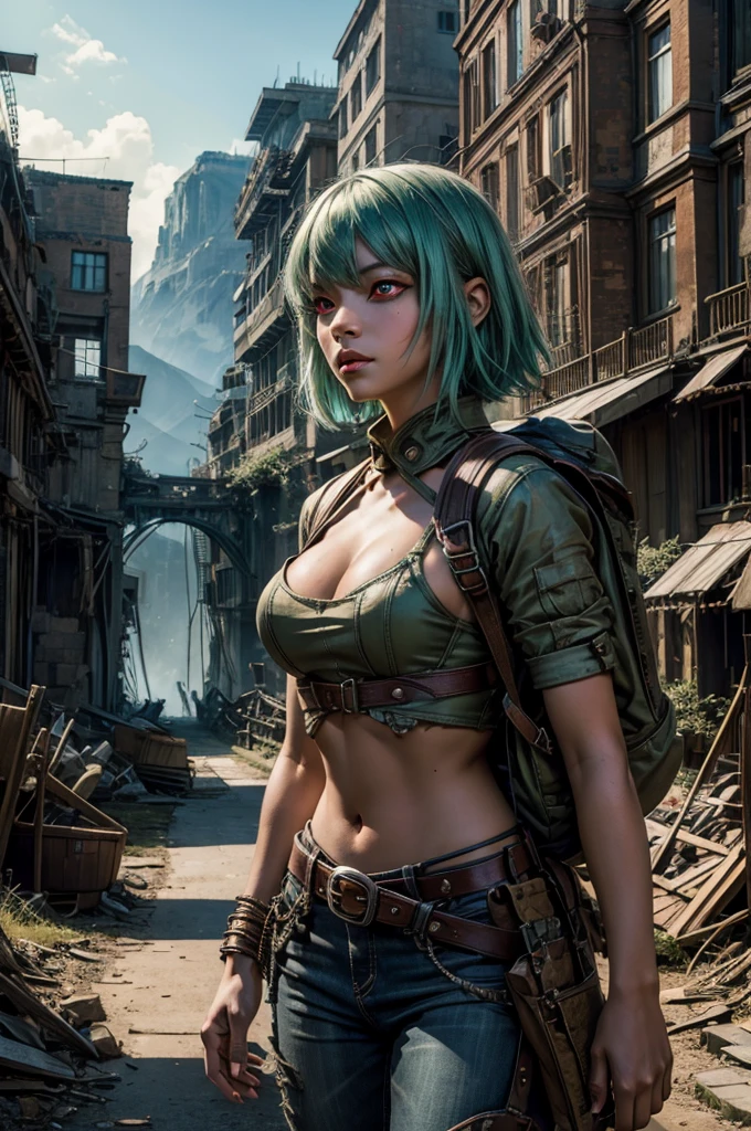 emeraldsustrai, emerald sustrai, short hair, (red eyes:1.5), green hair, dark skin, dark-skinned female, BREAK navel, cleavage, midriff, belt, cleavage cutout, chaps, back pack, BREAK walking, city ruins on hill, in valley, BREAK searching through ruins, mountains in background, waterfall, crowd, (crowd in military dress), post-apocalypse, dystopian future, (volumetric lighting),  intricate details, tonemapping, sharp focus, hyper detailed, (cowboy shot:1.5), BREAK (masterpiece:1.2), best quality, high resolution, unity 8k wallpaper, (illustration:0.8), (beautiful detailed eyes:1.6), extremely detailed face, perfect lighting, extremely detailed CG, (perfect hands, perfect anatomy), 