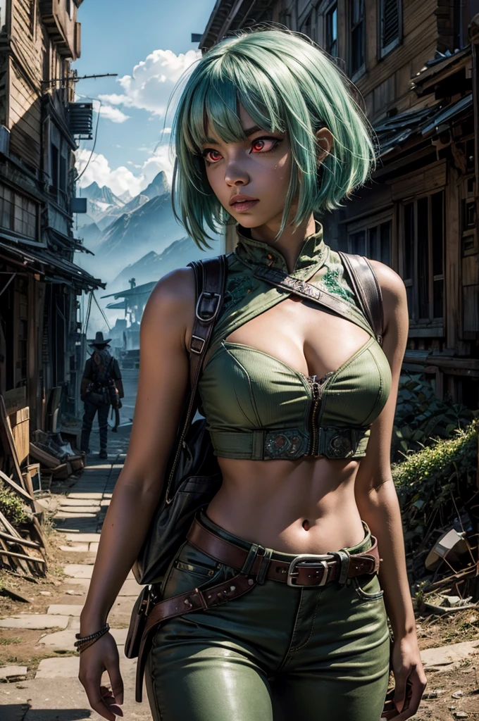 emeraldsustrai, emerald sustrai, short hair, (red eyes:1.5), green hair, dark skin, dark-skinned female, BREAK navel, cleavage, midriff, belt, cleavage cutout, chaps, back pack, BREAK walking, city ruins on hill, in valley, BREAK searching through ruins, mountains in background, waterfall, crowd, (crowd in military dress), post-apocalypse, dystopian future, (volumetric lighting),  intricate details, tonemapping, sharp focus, hyper detailed, (cowboy shot:1.5), BREAK (masterpiece:1.2), best quality, high resolution, unity 8k wallpaper, (illustration:0.8), (beautiful detailed eyes:1.6), extremely detailed face, perfect lighting, extremely detailed CG, (perfect hands, perfect anatomy), 