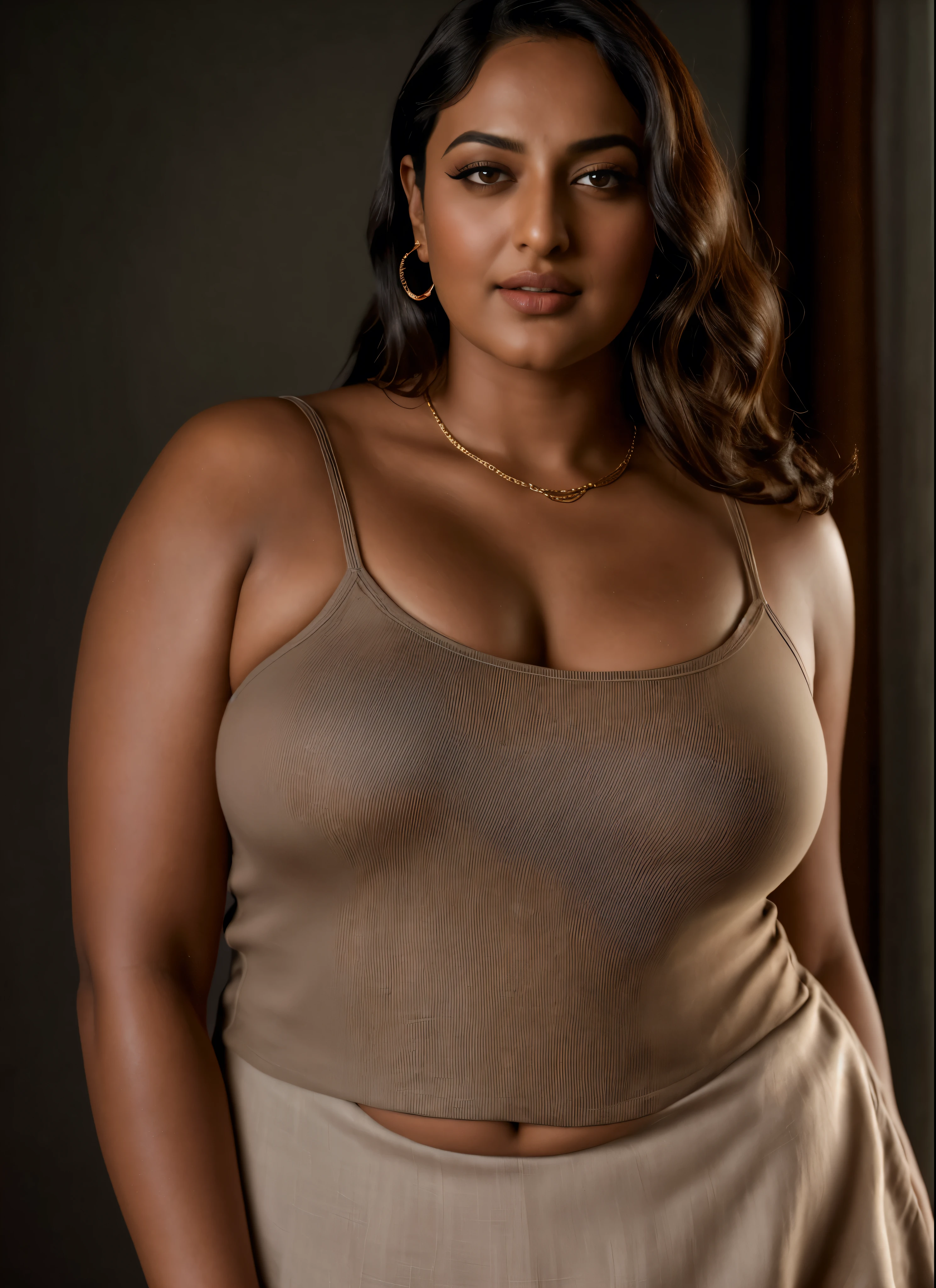 Looks like Sonakshi Sinha, a photo portrait of a beautiful girl 40 years old, mommy figure, fleshy figure, with curls, styled black hair, (face portrait:1.5), dramatic light, Rembrandt lighting scheme, bust shot, linen tank top , top quality editorial photograph, skin texture, skin pores, chocolate skin, high quality skin, top quality photography, professional photography, professional retouching, insane detailing, warm moody tones, modern clothes, highly detailed armpits, 